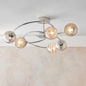 Aerith 6 Lights Smoked Glass Semi Flush Ceiling Light In Chrome