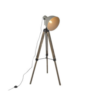 Industrial floor lamp on wooden tripod with gray shade - Laos