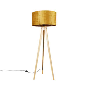 Floor lamp wood with fabric shade gold 50 cm - Tripod Classic