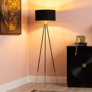 Troy Black Linen Shade Floor Lamp With Black And Gold Tripod